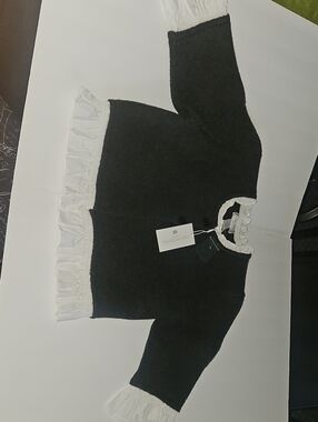 Caroline Constas Dark Gray Cardigan Sweater with White Ruffle Trim
